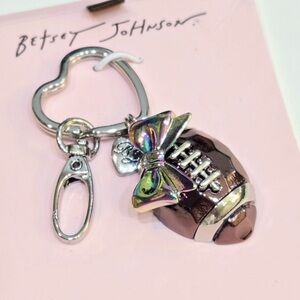 BETSEY JOHNSON Shiny Metallic Football with Pink Bow Bag Charm Keychain NEW NWT